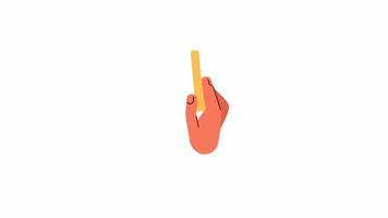 Picking up yellow stick animation. Drawing with chalk. Holding french fries isolated 2D cartoon flat first view hand 4K video footage on white background with alpha channel transparency for web design