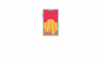 francés papas fritas en teléfono animación. animado crujiente frito patata palos en móvil pantalla 2d dibujos animados plano objeto. rápido comida 4k vídeo concepto imágenes en blanco con alfa canal transparencia para web diseño video