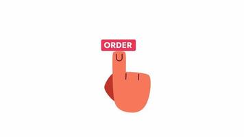 Click order button animation. Animated press with finger 2D cartoon flat first view hand. Purchase product, delivery 4K video concept footage on white with alpha channel transparency for web design