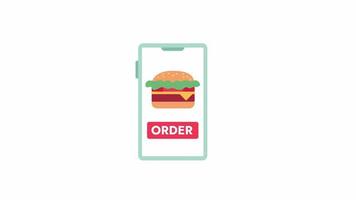 Fastfood order screen animation. Animated mobile phone with fast food delivery app 2D cartoon flat object. Burger 4K video concept footage on white with alpha channel transparency for web design