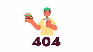 comiendo rápido comida 404 error animación. adolescente en comida rápida restaurante. vacío estado 4k vídeo concepto imágenes con alfa canal transparencia. vistoso página no encontró destello mensaje para ui, ux web diseño video