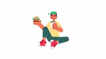 Teen boy eating fast food animation. Teenager with soft drink and cheeseburger isolated 2D cartoon flat character 4K video footage on white background with alpha channel transparency for web design