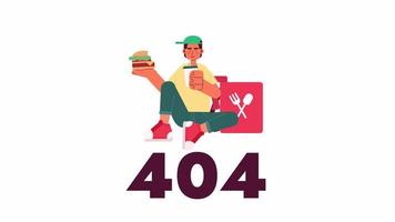 entrega descanso 404 error animación. rápido comida restaurante obrero. vacío estado 4k vídeo concepto imágenes con alfa canal transparencia. vistoso página no encontró destello mensaje para ui, ux web diseño video