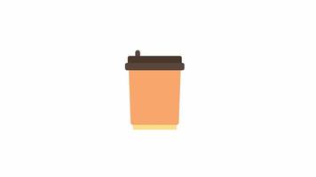 Animated coffee cup to go. Flat cartoon style icon 4K video footage for web design. Cafe drinkware with lid isolated colorful object animation on white background with alpha channel transparency