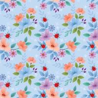 Cute beautiful flowers and ladybug on blue color background. vector