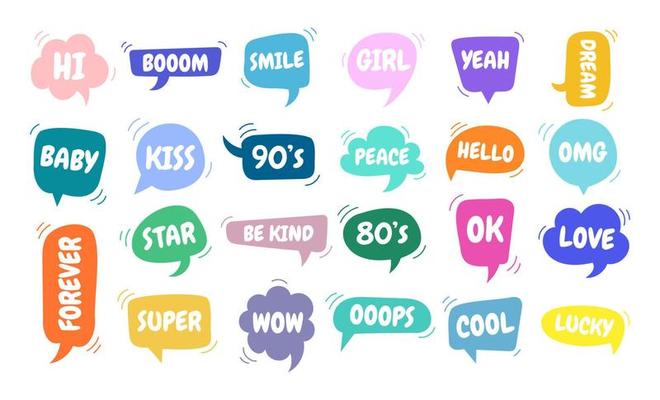 Retro colored bubble talk sticker set. 90s-80s style collection. Cartoon vector illustration.
