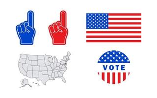 USA flag, foam fingers, vote sign and USA map. Vector scalable graphics