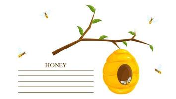 Ready-made label for a jar of honey, a sticker for honey, a template for printing, a label with a beehive, packaging vector