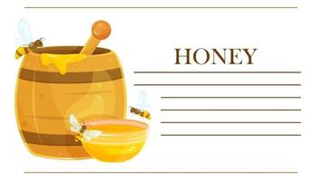 Ready-made label for a jar of honey, a sticker for honey, a template for printing, a label with a barrel of honey and bees, packaging vector