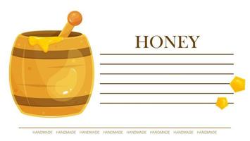 Ready-made label for a jar of honey, a sticker for honey, a template for printing, a label with a barrel of honey, packaging vector