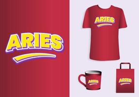 Aries zodiac power color is red. Typography t-shirt, tote bag, and cup design for merchandise and print. Mock-up templates included vector