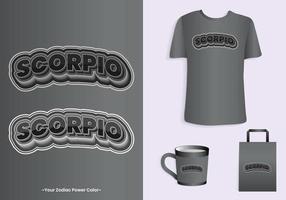 Scorpio zodiac power color is black. Typography t-shirt, tote bag, and cup design for merchandise and print. Mock-up templates included vector