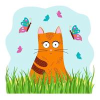 Red Cat with Butterflies, Summer Vector Illustration