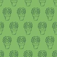 Seamless Pattern With Cacti In Pots Outline, Echinocactus vector
