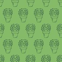 Seamless Pattern With Cacti In Pots Outline, Echinocactus vector