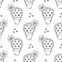 Seamless Pattern With Cacti In Pots Outline, Rebutia, Mammillaria vector