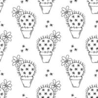 Seamless Pattern With Cacti In Pots Outline, Rebutia, Mammillaria vector