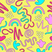 Fun colourful doodle seamless pattern with simple shapes. 90s trendy squiggle vector background.