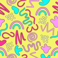 Fun colourful doodle seamless pattern with simple shapes. 90s trendy squiggle vector background.