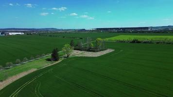 aereo Visualizza di un' verde campo su un' soleggiato primavera giorno video