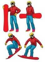 conjunto de tabla de snowboard jugador en muchos poses vector