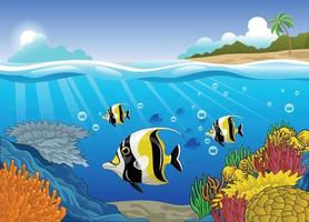 Cute Cartoon of Moorish Idol Fish Pack Swiming in the Coral vector