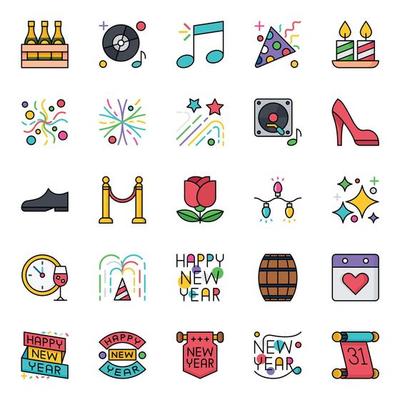 Filled outline icons for Happy new year.