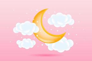 3d baby shower, crescent moon with clouds and stars on pink background, childish design in pastel colors. Background, illustration, vector