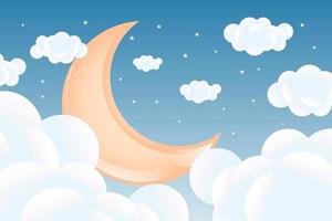 3d bebé ducha, creciente Luna con nubes en un suave azul fondo, infantil diseño en pastel colores. fondo, ilustración, vector. vector