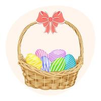 Wicker basket with Easter eggs. Colorful easter illustration, greeting card, vector