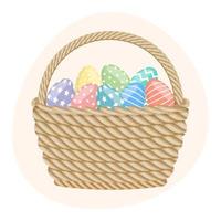 Wicker basket with Easter eggs. Colorful easter illustration, greeting card, vector