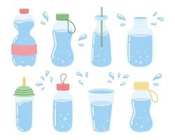 un conjunto de diferente contenedores con limpiar agua, anteojos, botellas el concepto de Bebiendo agua. vector