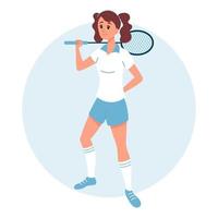 A young girl with a tennis racket, an athlete tennis player. Flat style illustration, vector