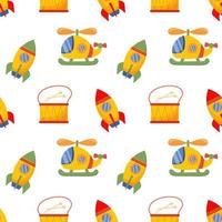 Seamless pattern of colorful children's toys. Rockets, helicopters on a white background. Background for boys, print, vector
