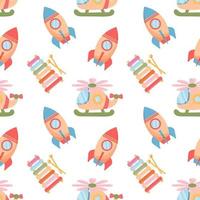 Seamless pattern of colorful children's toys. Rockets, helicopters on a white background. Background for boys, print, vector