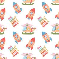 Seamless pattern of colorful children's toys. Rockets, helicopters on a white background. Background for boys, print, vector