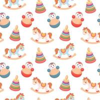 Seamless pattern of colorful children's toys. Rocking horses, pyramids and captive dolls on a white background. Background for girls, print, vector