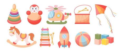 Set of children's toys. Rocket, doll, pyramid, rocking horse, helicopter and drums on a white background. Baby toys icons, vector