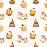 Seamless pattern of colorful children's toys. Rocking horses, pyramids and captive dolls on a white background. Background for girls, print, vector