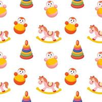 Seamless pattern of colorful children's toys. Rocking horses, pyramids and captive dolls on a white background. Background for girls, print, vector