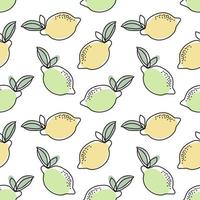 Seamless pattern, contour lemons and limes with colored spots on a white background. Pastel colors. Minimal modern design. Fruit background, vector