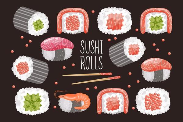 Set of sushi rolls and chopsticks on a dark background. Asian food icons, restaurant menu, vector