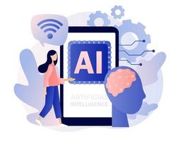 Artificial intelligence concept. Digital brain with neural network on laptop screen. AI, machine learning, analysis information. Modern flat cartoon style. Vector illustration on white background