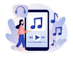 Media player app. Music play list. Tiny girl listen music, sound, audio or radio online with smartphone app. Modern flat cartoon style. Vector illustration on white background