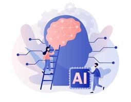 Artificial intelligence concept. AI, machine learning, analysis information. Digital brain with neural network. Modern flat cartoon style. Vector illustration on white background