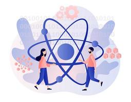 Quantum computing concept. Tiny people engineers and scientists investigate quantum. Optical technology, photonics research. Modern flat cartoon style. Vector illustration