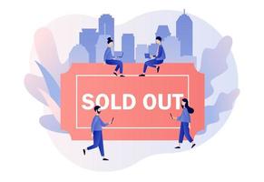 Sold out event, sold-out crowd, no tickets available concept. Tiny people use online booking system. Modern flat cartoon style. Vector illustration on white background