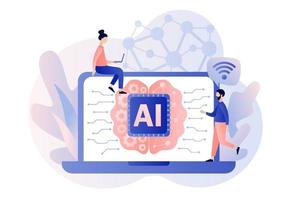 Artificial intelligence concept. Digital brain with neural network on laptop screen. AI, machine learning, analysis information. Modern flat cartoon style. Vector illustration on white background