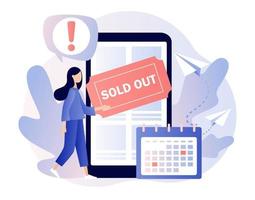 Sold-out event, sold-out crowd, no tickets available concept. Tiny girl use online booking system in smartphone app. Modern flat cartoon style. Vector illustration on white background