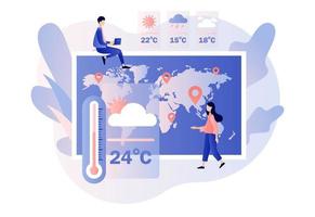 Weather forecast online. Sun, clouds, wind, thunderstorm,rain. Meteorology science. Meteorologist studying and researching weather and climate condition. Modern flat cartoon style. Vector illustration